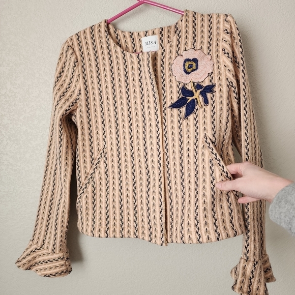 MISA NOEMIE Tweed Floral Embroidered metallic full zip jacket bell sleeve XS - Picture 10 of 11